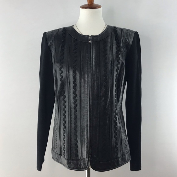 Vintage Nygard Collection Black Leather Front Mixed Media Jacket Size L - Picture 1 of 13